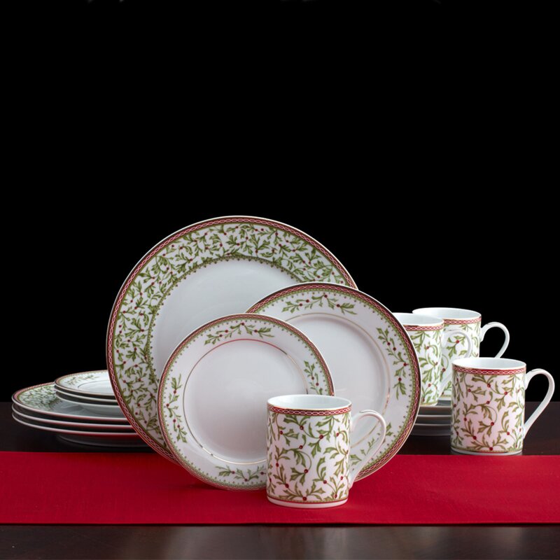 Mikasa Holiday Traditions Dinnerware Set with Mugs 16 Piece Green White